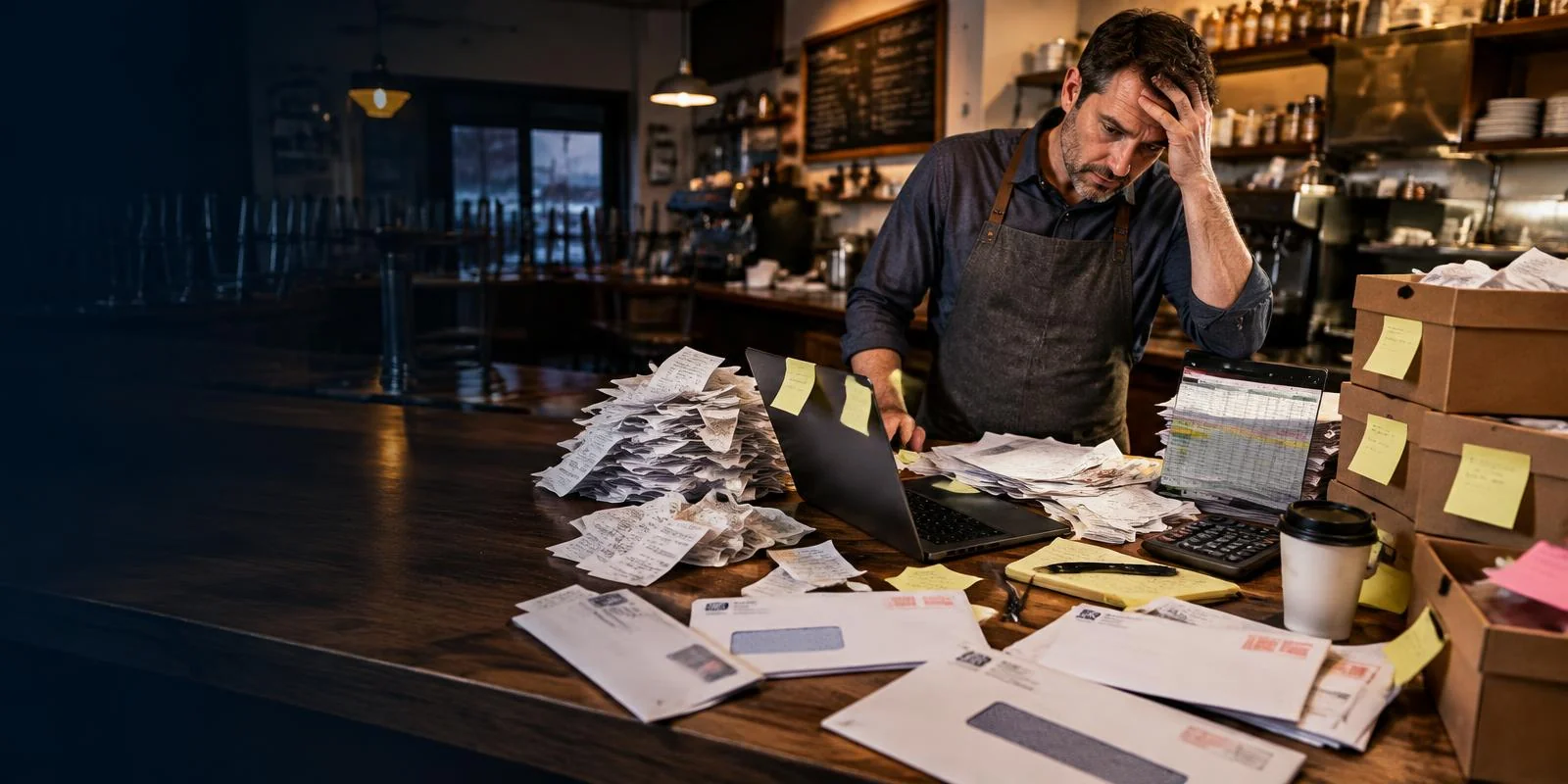 US small business owner overwhelmed by bookkeeping and tax paperwork